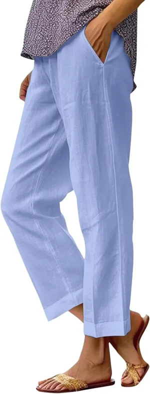 Plus Size Linen Pants for Women Loose High Waisted Wide Leg Capri Pants Lightweight Solid Beach Trousers with Pockets