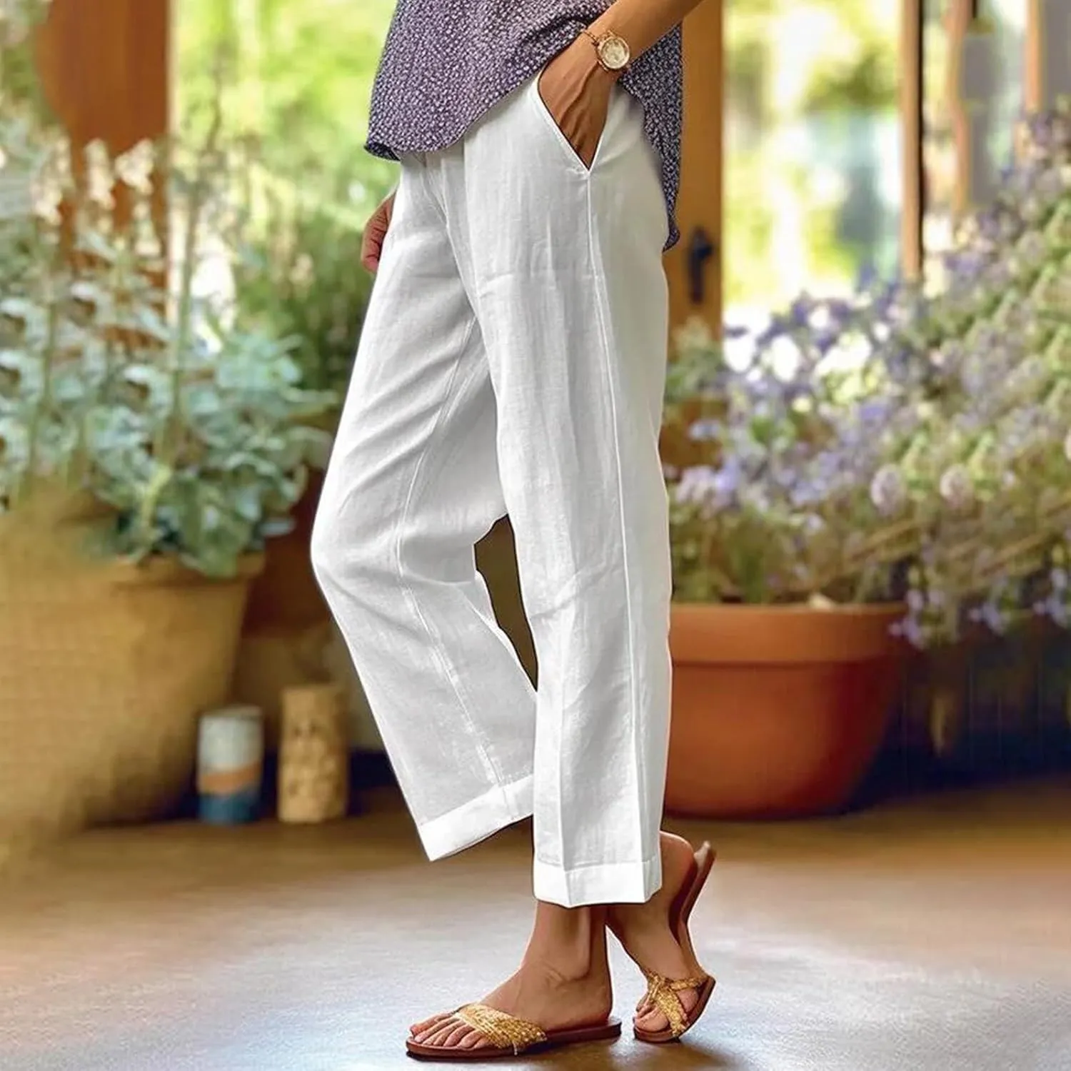 Plus Size Linen Pants for Women Loose High Waisted Wide Leg Capri Pants Lightweight Solid Beach Trousers with Pockets