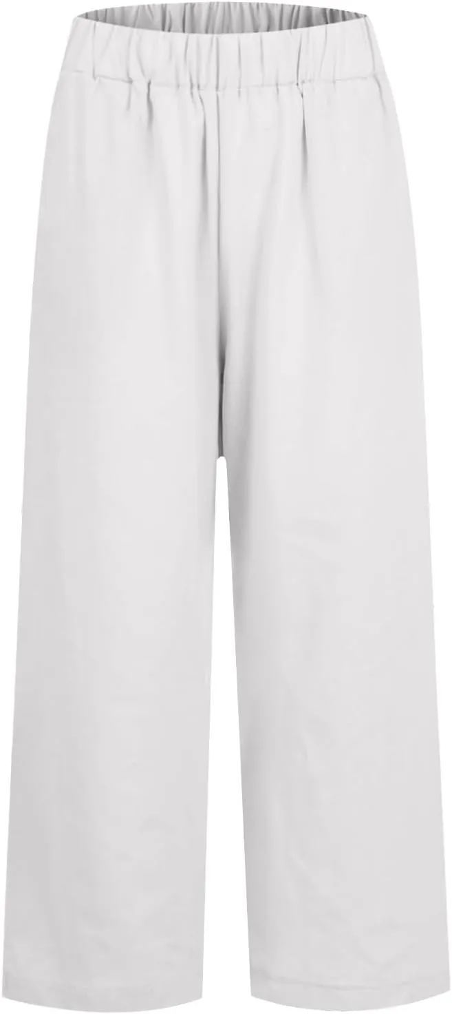 Plus Size Linen Pants for Women Loose High Waisted Wide Leg Capri Pants Lightweight Solid Beach Trousers with Pockets