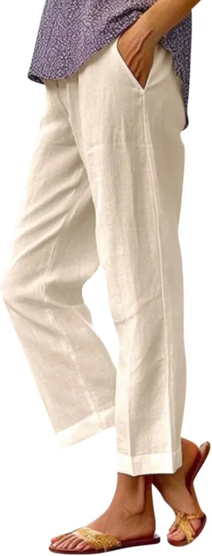 Plus Size Linen Pants for Women Loose High Waisted Wide Leg Capri Pants Lightweight Solid Beach Trousers with Pockets
