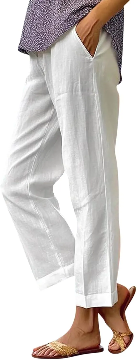 Plus Size Linen Pants for Women Loose High Waisted Wide Leg Capri Pants Lightweight Solid Beach Trousers with Pockets