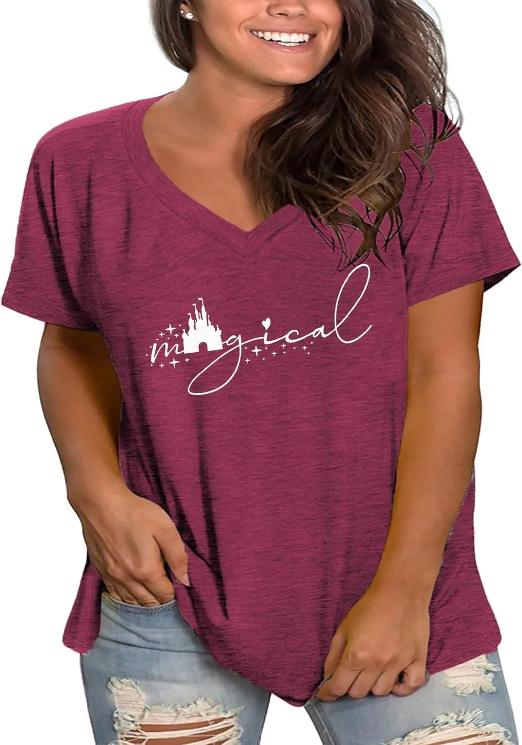 Plus Size Magical Shirts Women Magic Castle V Neck T Shirts Short Sleeve Tshirts Summer Tops
