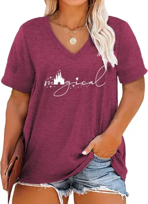 Plus Size Magical Shirts Women Magic Castle V Neck T Shirts Short Sleeve Tshirts Summer Tops