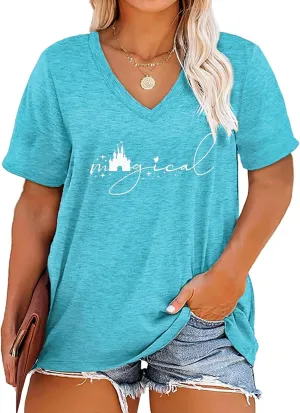 Plus Size Magical Shirts Women Magic Castle V Neck T Shirts Short Sleeve Tshirts Summer Tops