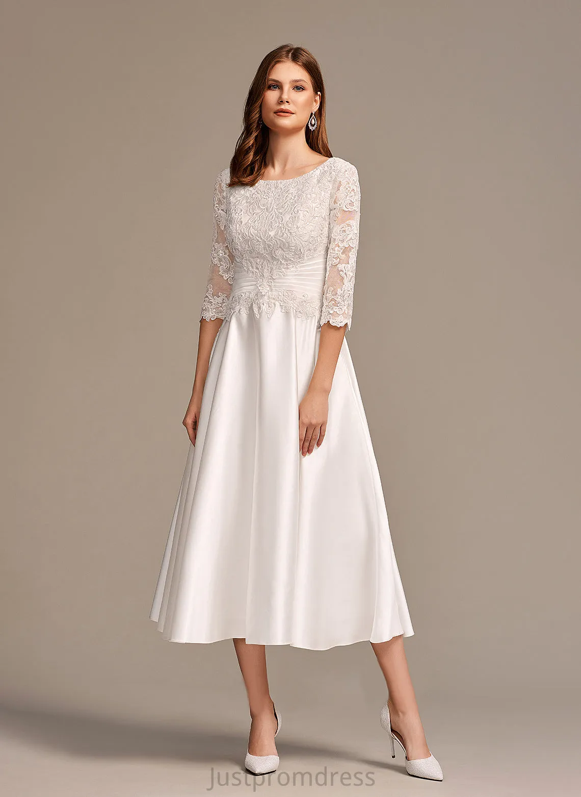 Pockets Wedding Dresses Satin With Scoop Wedding Lace A-Line Skyler Dress Neck Tea-Length