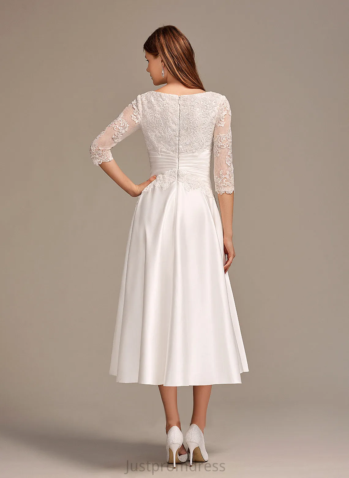 Pockets Wedding Dresses Satin With Scoop Wedding Lace A-Line Skyler Dress Neck Tea-Length