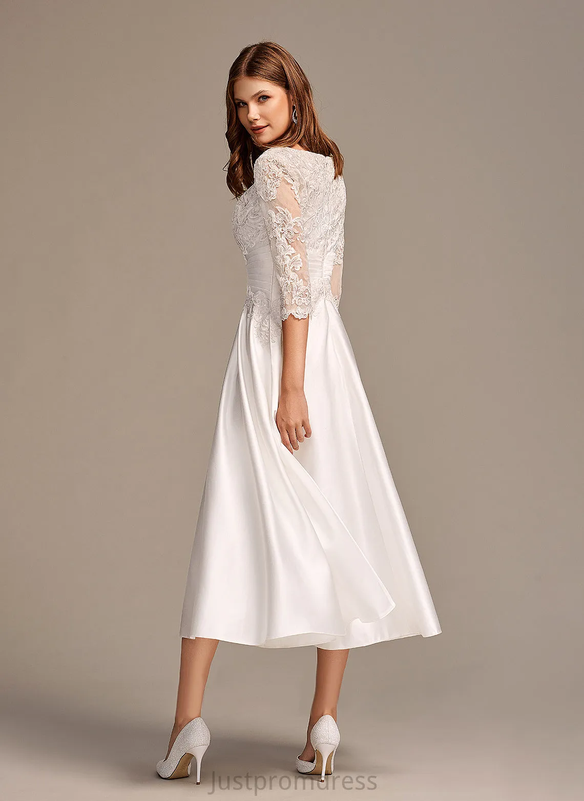 Pockets Wedding Dresses Satin With Scoop Wedding Lace A-Line Skyler Dress Neck Tea-Length
