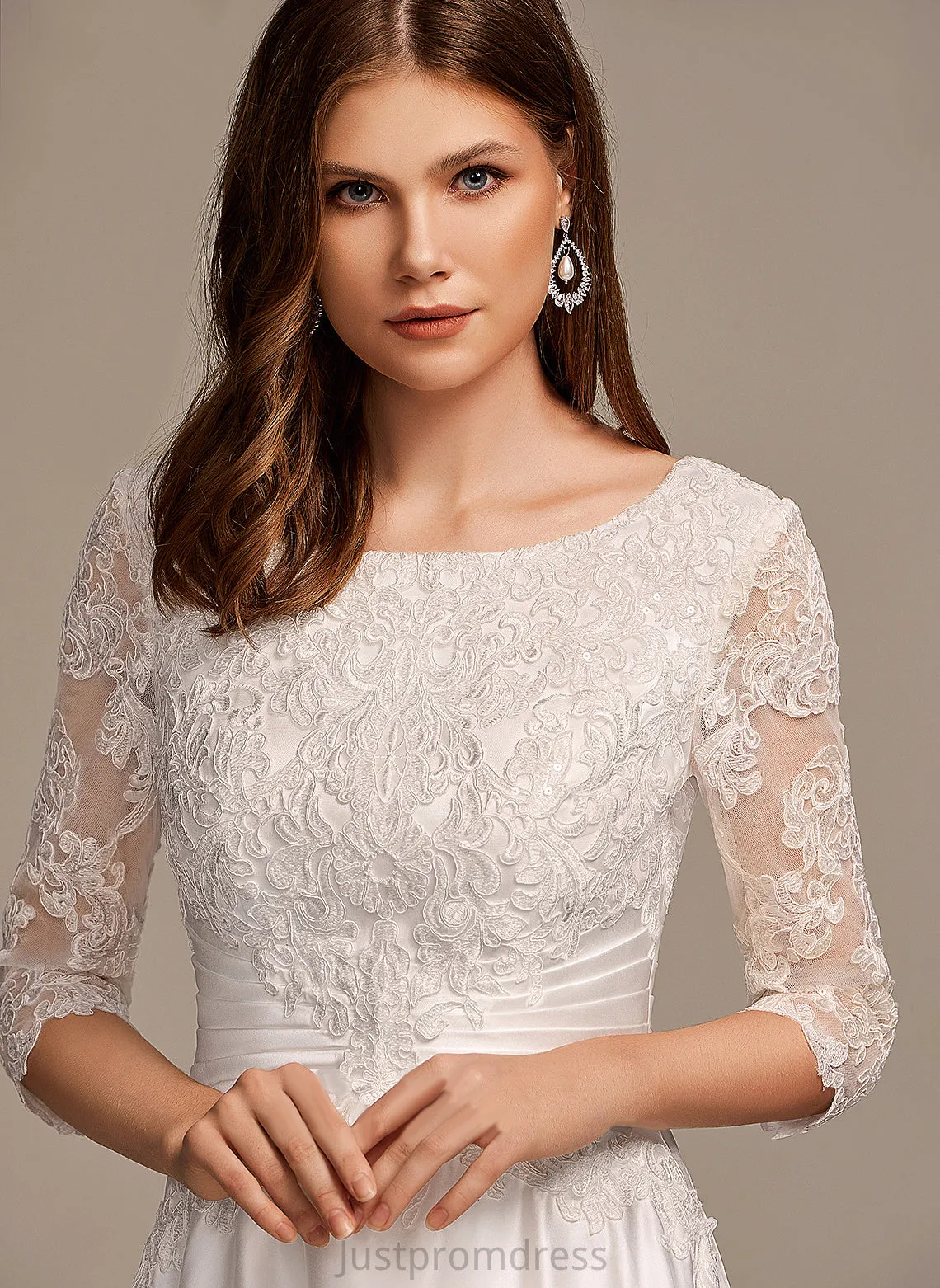 Pockets Wedding Dresses Satin With Scoop Wedding Lace A-Line Skyler Dress Neck Tea-Length
