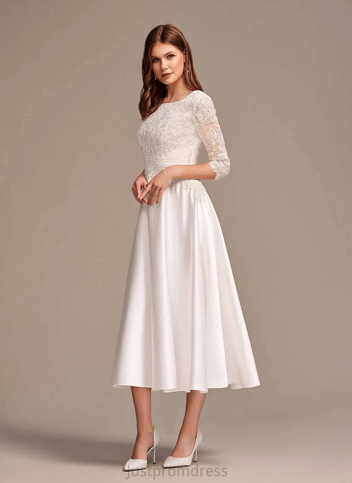 Pockets Wedding Dresses Satin With Scoop Wedding Lace A-Line Skyler Dress Neck Tea-Length