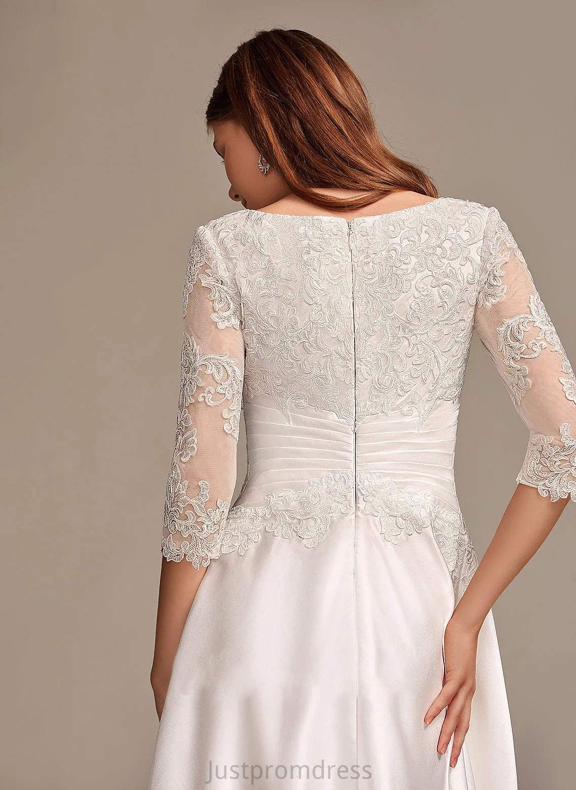 Pockets Wedding Dresses Satin With Scoop Wedding Lace A-Line Skyler Dress Neck Tea-Length