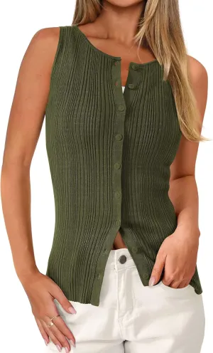PRETTYGARDEN Women's Ribbed Tank Tops Summer 2025 Open Front Button Down Sleeveless Shirts Going Out Spring Fashion Vest Tops