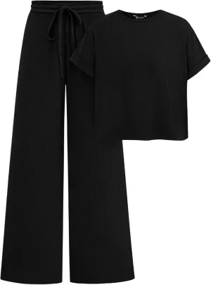 PRETTYGARDEN Women's Summer 2 Piece Knit Loungewear Short Sleeve T Shirts Wide Leg Pants Tracksuit Casual Outfits