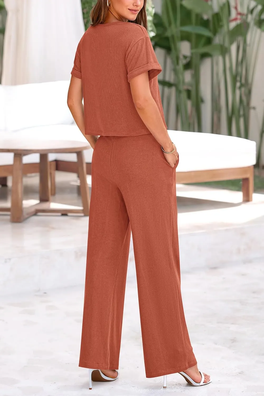 PRETTYGARDEN Women's Summer 2 Piece Knit Loungewear Short Sleeve T Shirts Wide Leg Pants Tracksuit Casual Outfits