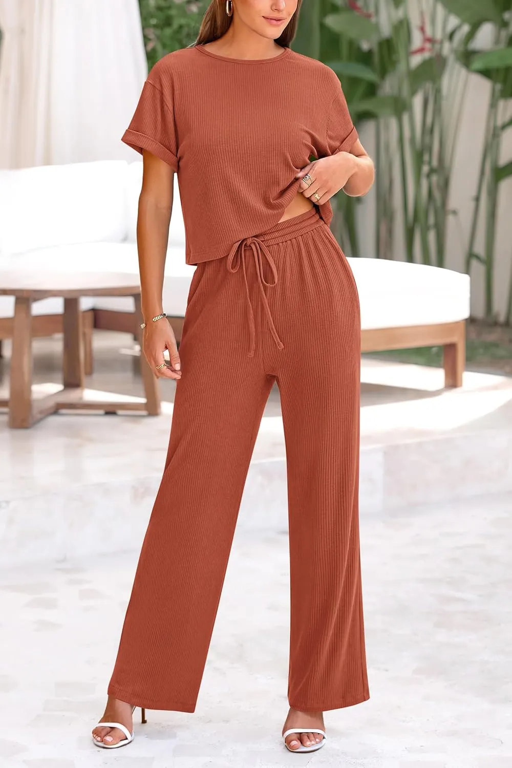 PRETTYGARDEN Women's Summer 2 Piece Knit Loungewear Short Sleeve T Shirts Wide Leg Pants Tracksuit Casual Outfits
