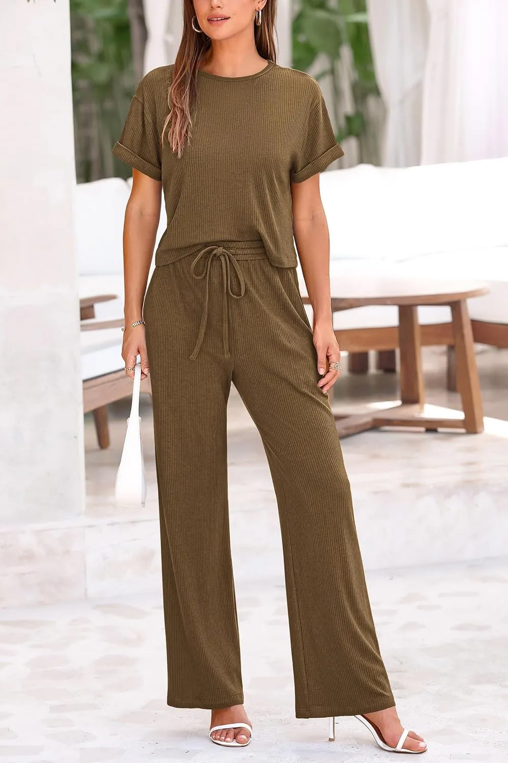 PRETTYGARDEN Women's Summer 2 Piece Knit Loungewear Short Sleeve T Shirts Wide Leg Pants Tracksuit Casual Outfits