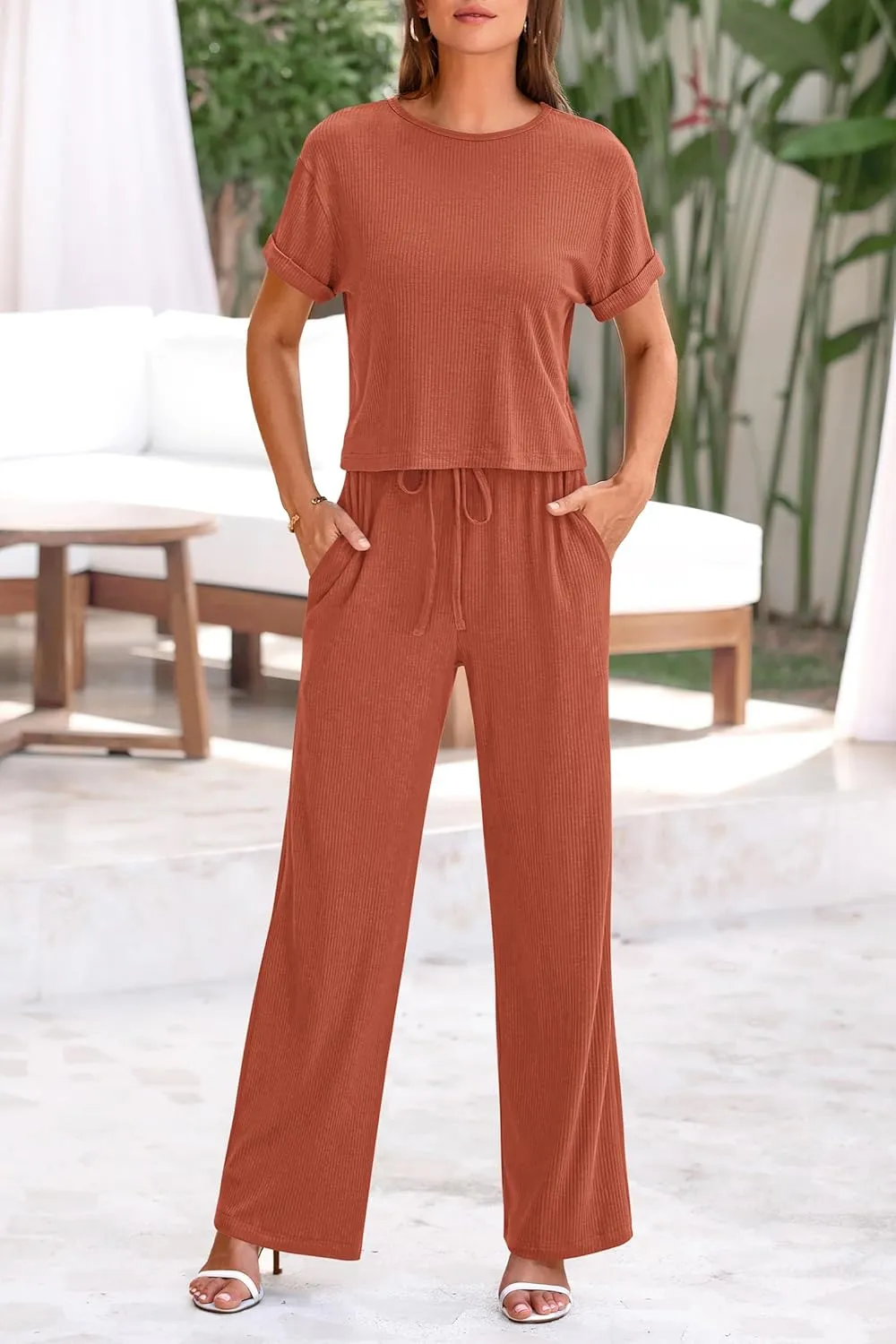 PRETTYGARDEN Women's Summer 2 Piece Knit Loungewear Short Sleeve T Shirts Wide Leg Pants Tracksuit Casual Outfits