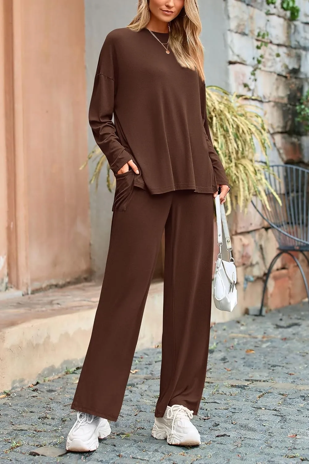 PRETTYGARDEN Women's Two Piece Lounge Sets Matching Long Sleeve Shirts Wide Leg Pants Tracksuits Travel Outfits Fall Clothes
