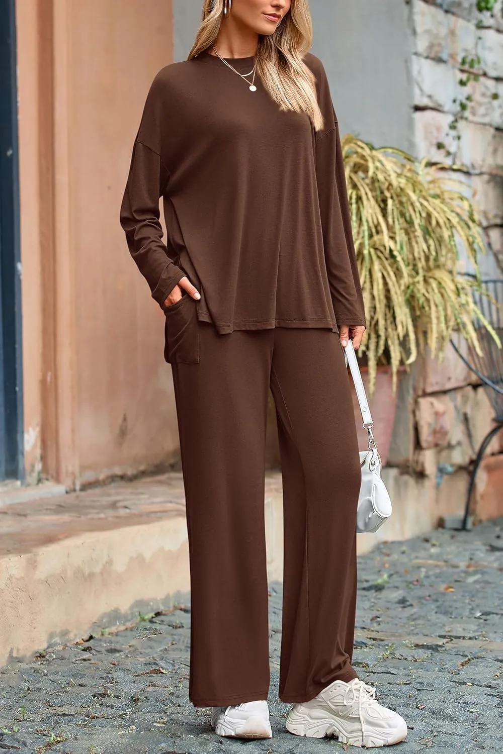 PRETTYGARDEN Women's Two Piece Lounge Sets Matching Long Sleeve Shirts Wide Leg Pants Tracksuits Travel Outfits Fall Clothes