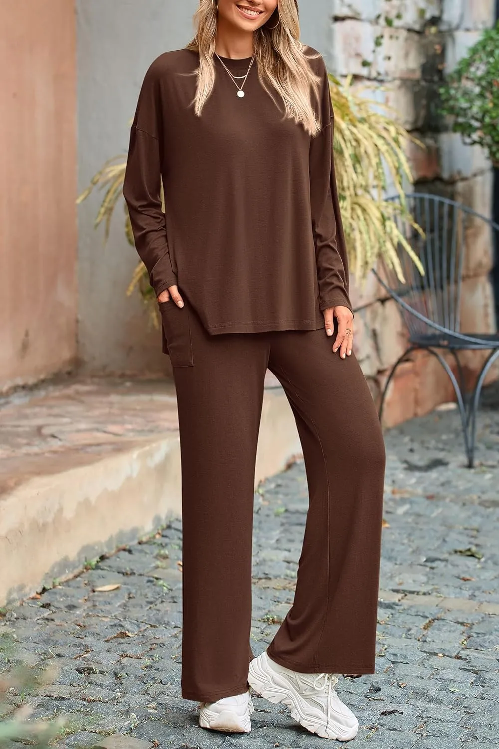 PRETTYGARDEN Women's Two Piece Lounge Sets Matching Long Sleeve Shirts Wide Leg Pants Tracksuits Travel Outfits Fall Clothes