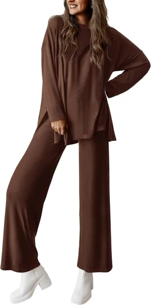 PRETTYGARDEN Women's Two Piece Lounge Sets Matching Long Sleeve Shirts Wide Leg Pants Tracksuits Travel Outfits Fall Clothes
