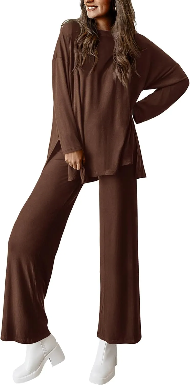 PRETTYGARDEN Women's Two Piece Lounge Sets Matching Long Sleeve Shirts Wide Leg Pants Tracksuits Travel Outfits Fall Clothes