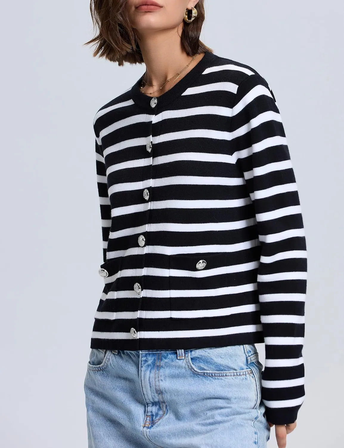 PrettyGuide Women's Striped Cardigan Sweaters Long Sleeve Button Down Fall Casual Cropped Knit Lady Jackets with Pockets