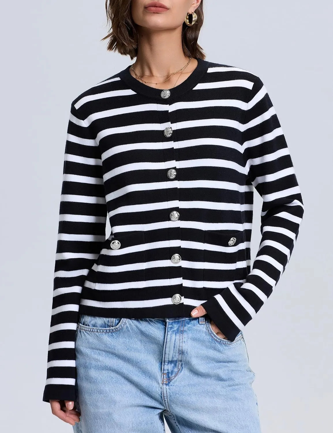 PrettyGuide Women's Striped Cardigan Sweaters Long Sleeve Button Down Fall Casual Cropped Knit Lady Jackets with Pockets