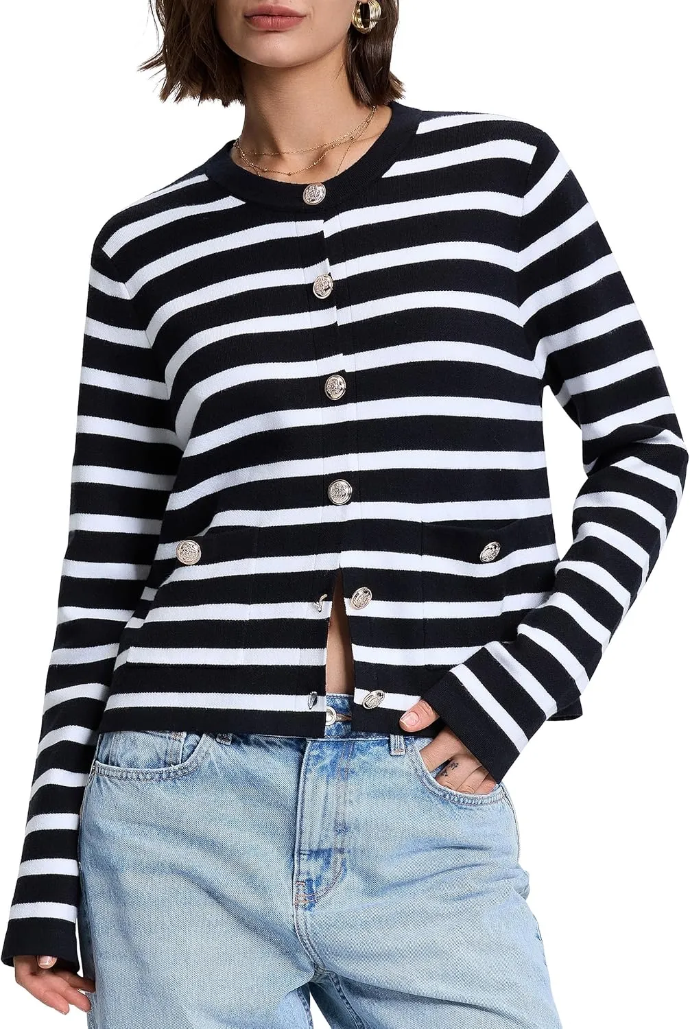 PrettyGuide Women's Striped Cardigan Sweaters Long Sleeve Button Down Fall Casual Cropped Knit Lady Jackets with Pockets