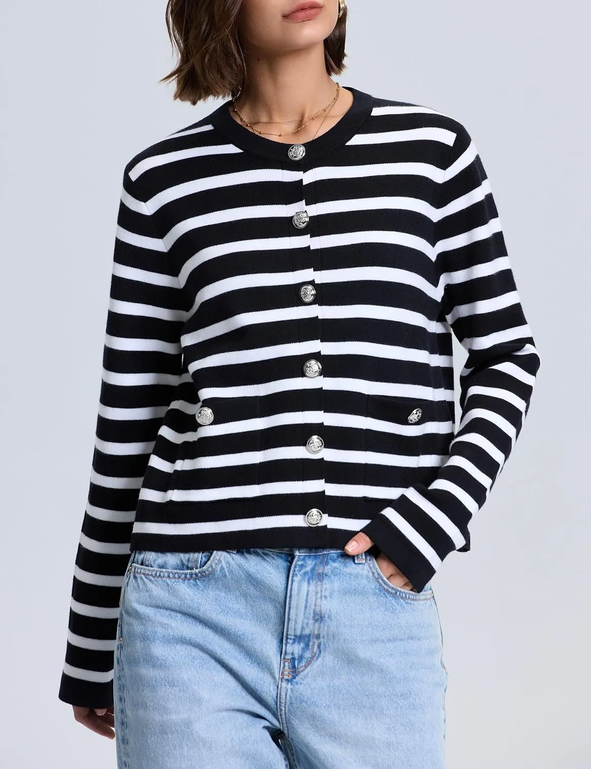 PrettyGuide Women's Striped Cardigan Sweaters Long Sleeve Button Down Fall Casual Cropped Knit Lady Jackets with Pockets