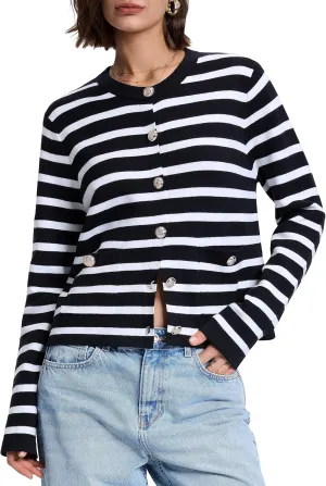 PrettyGuide Women's Striped Cardigan Sweaters Long Sleeve Button Down Fall Casual Cropped Knit Lady Jackets with Pockets