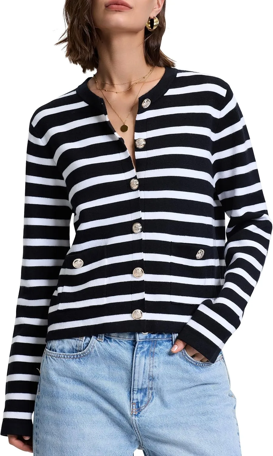 PrettyGuide Women's Striped Cardigan Sweaters Long Sleeve Button Down Fall Casual Cropped Knit Lady Jackets with Pockets
