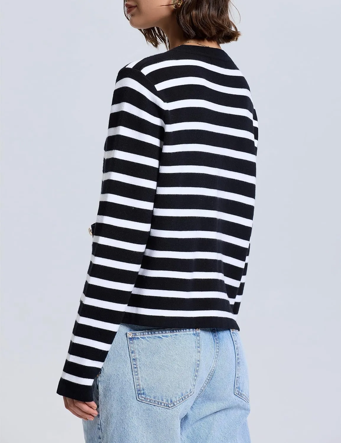 PrettyGuide Women's Striped Cardigan Sweaters Long Sleeve Button Down Fall Casual Cropped Knit Lady Jackets with Pockets