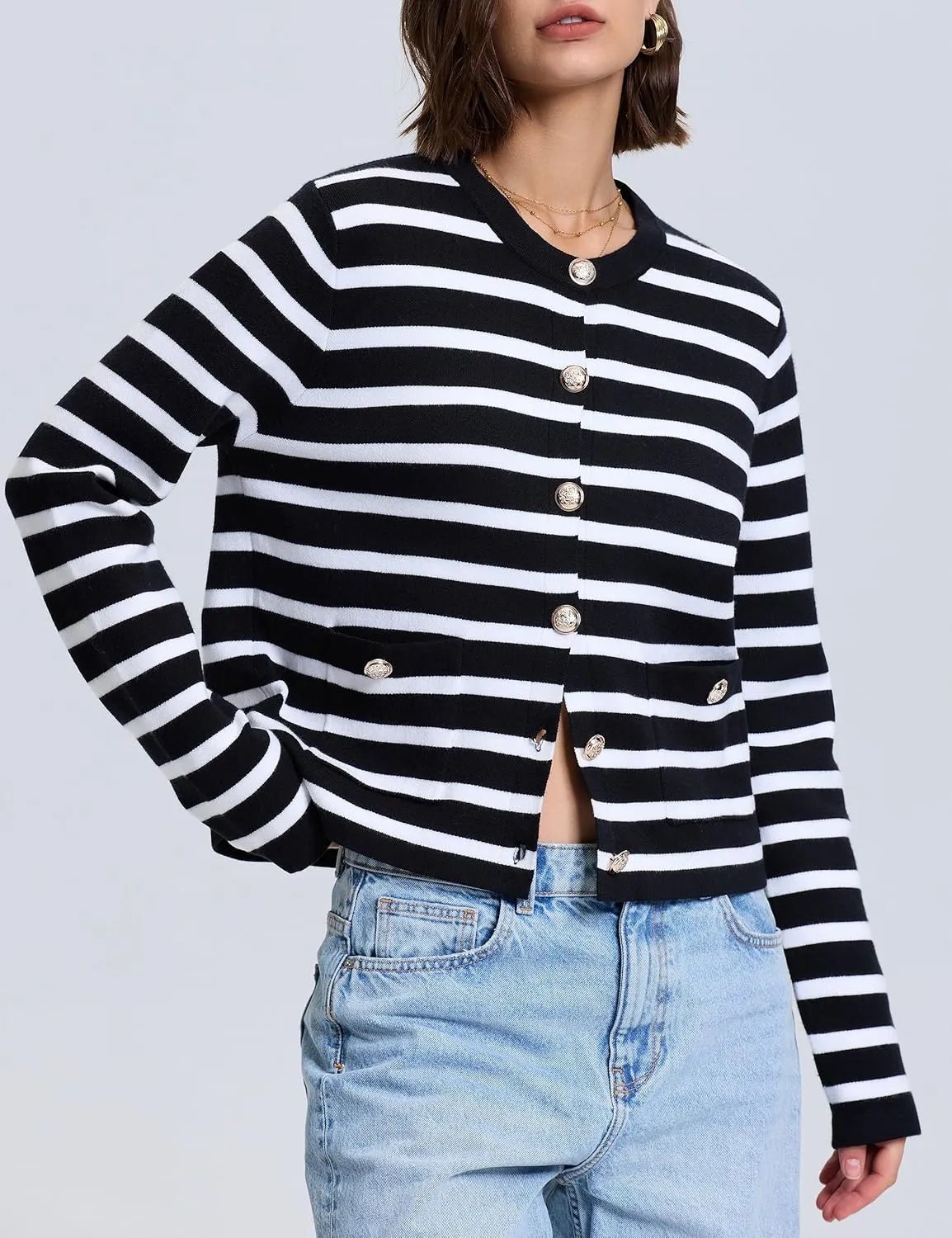 PrettyGuide Women's Striped Cardigan Sweaters Long Sleeve Button Down Fall Casual Cropped Knit Lady Jackets with Pockets