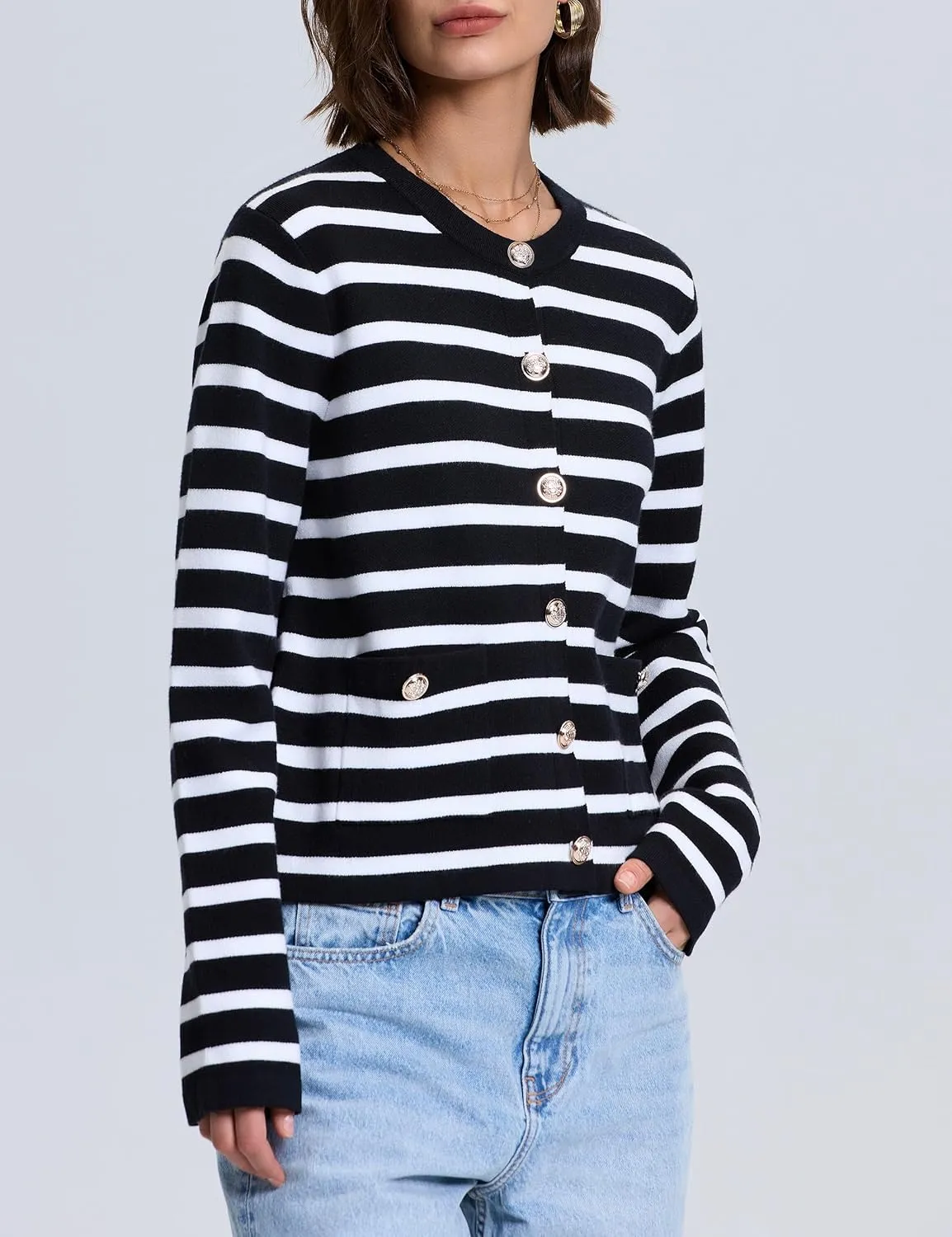 PrettyGuide Women's Striped Cardigan Sweaters Long Sleeve Button Down Fall Casual Cropped Knit Lady Jackets with Pockets