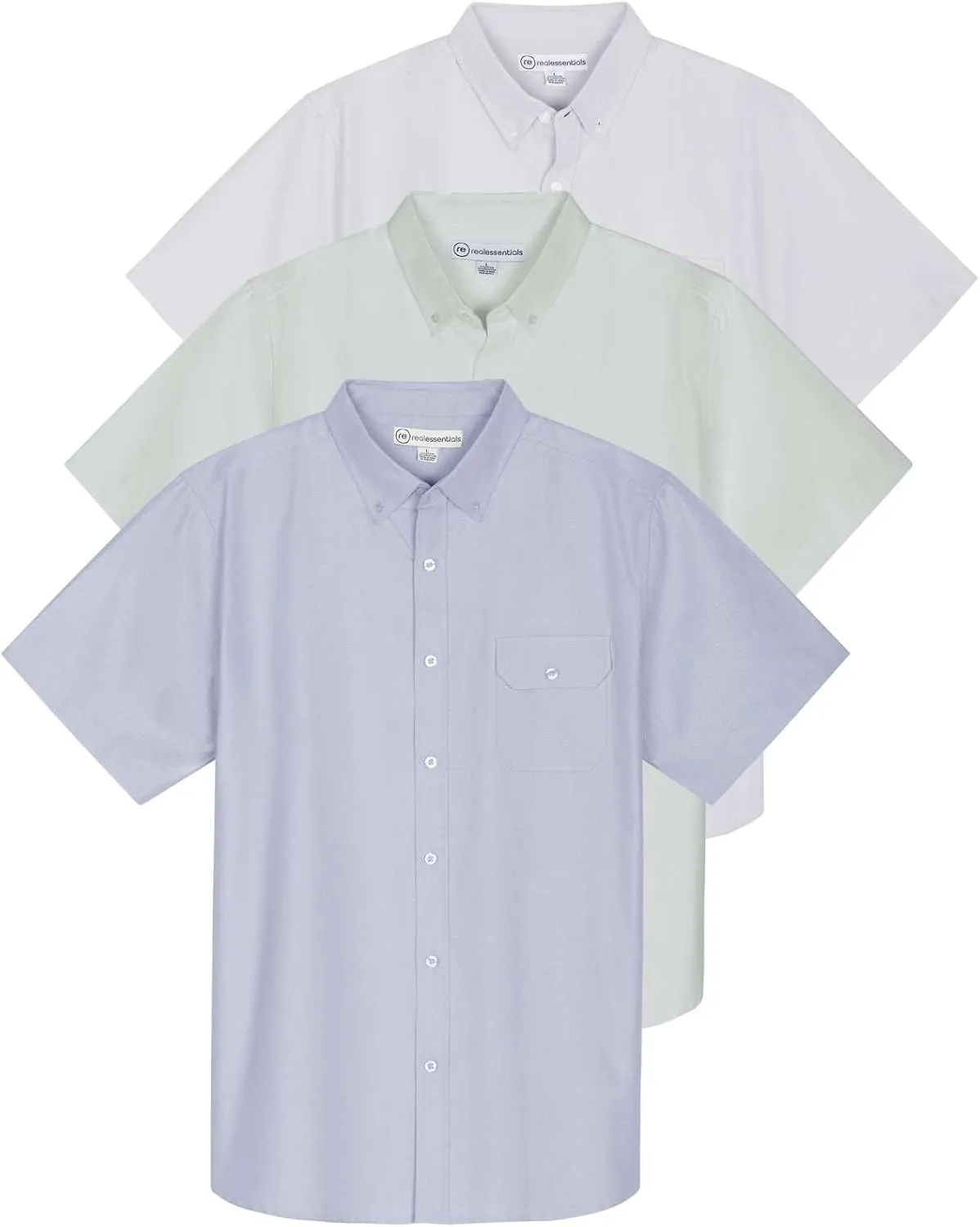 Real Essentials 3 Pack Men's Short-Sleeve Oxford Solid Button Down Collar Casual Shirts with Pocket (Available in Big & Tall)