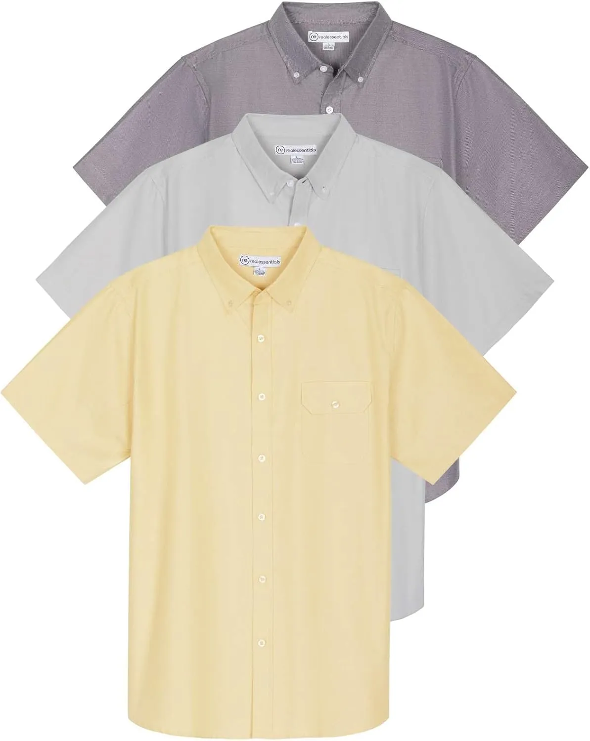Real Essentials 3 Pack Men's Short-Sleeve Oxford Solid Button Down Collar Casual Shirts with Pocket (Available in Big & Tall)