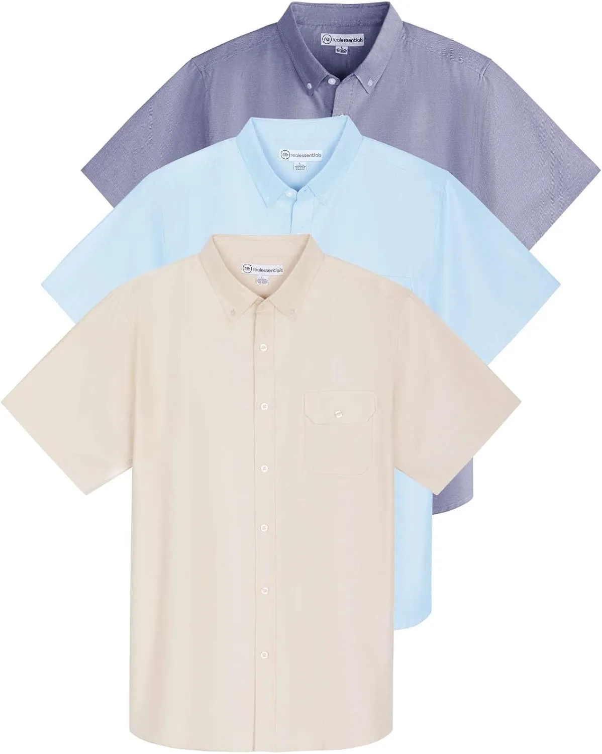 Real Essentials 3 Pack Men's Short-Sleeve Oxford Solid Button Down Collar Casual Shirts with Pocket (Available in Big & Tall)