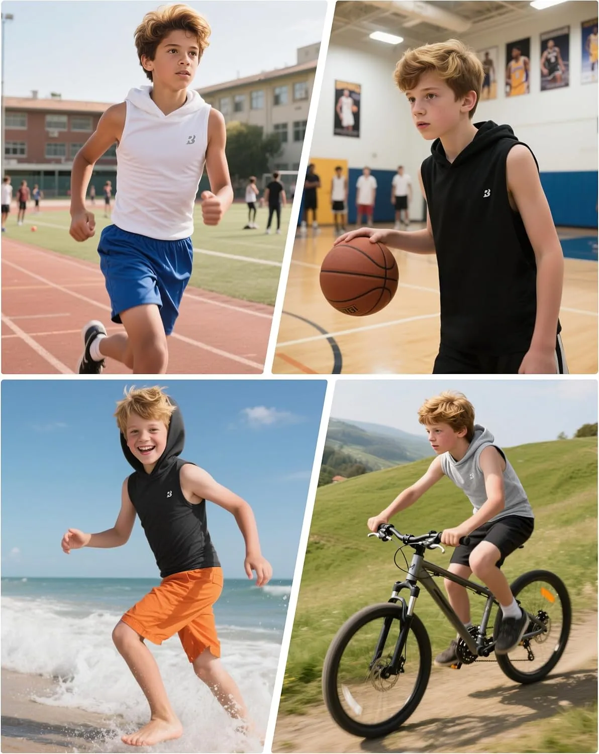 Roadbox Boys Tank Tops Athletic Hoodie Shirts, Sleeveless Quick Dry Sport Workout Active T-Shirt for Kids Youth