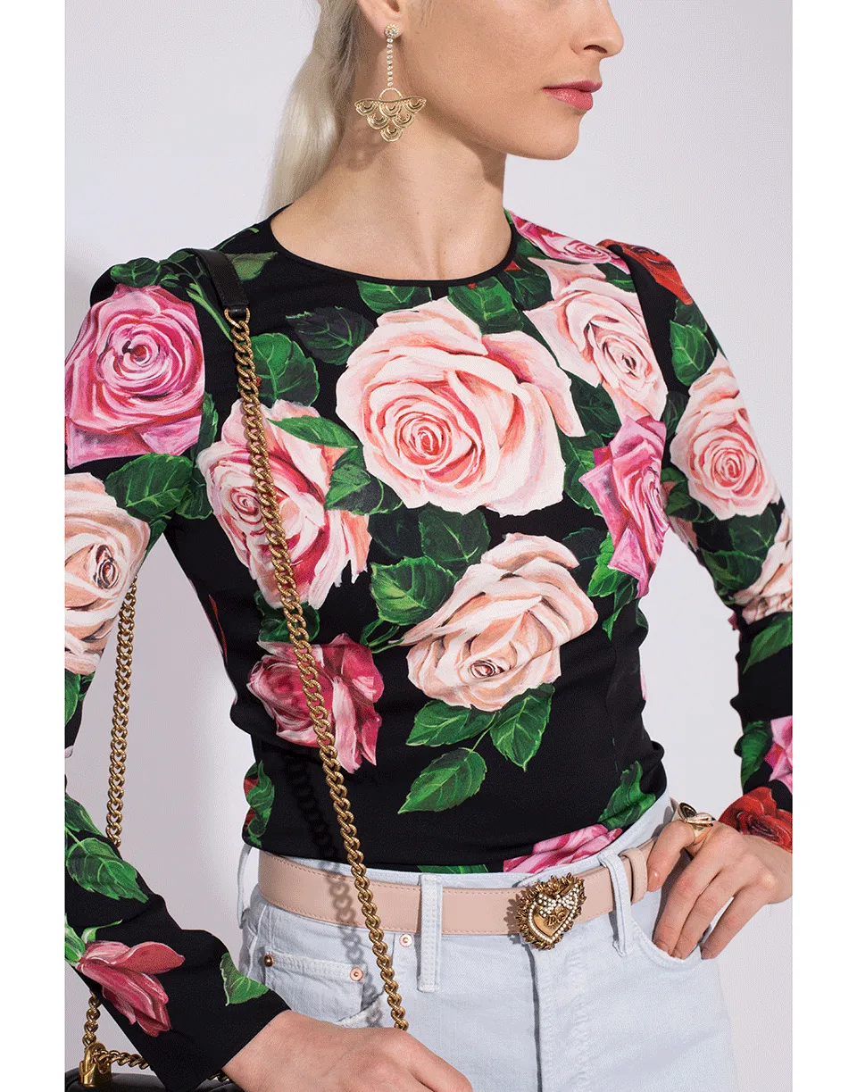 Rose Print Fitted Crewneck
