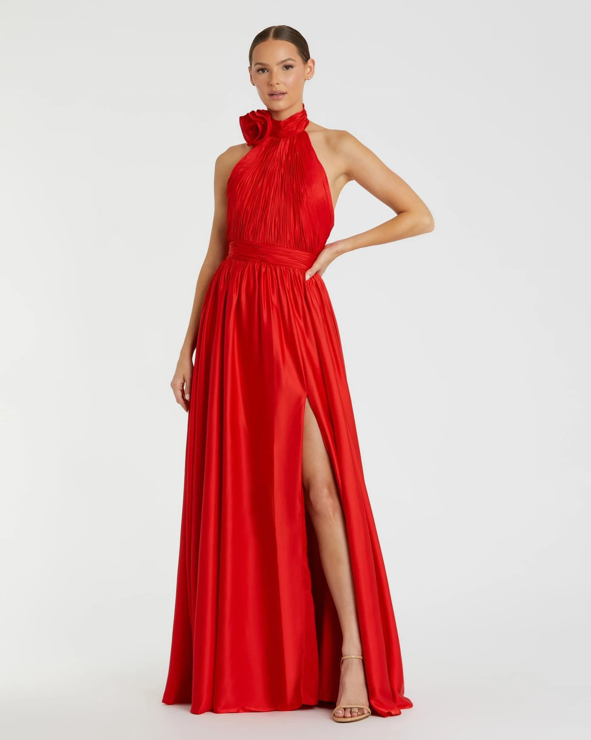 Rosette halter chiffon evening gown - Cherry Red