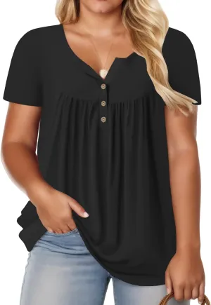 ROSRISS Womens-Plus-Size-Tops-Summer Buttons Up Henley Shirts V Neck Blouses Flowy Pleated Tunics Tee