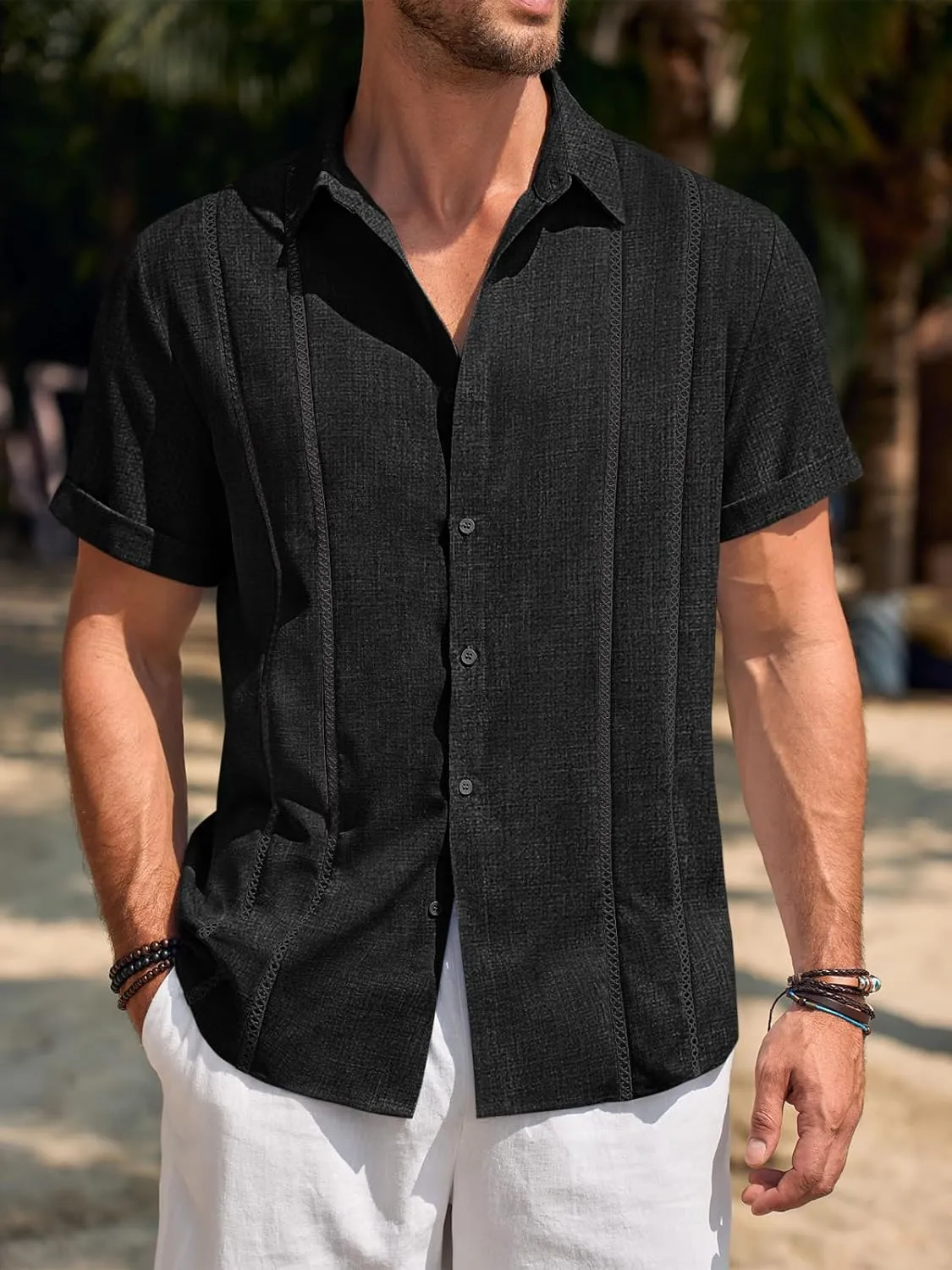 Runcati Mens Guayabera Shirts Short Sleeve Casual Cuban Linen Shirt Button Down Beach Summer Mexican Shirts