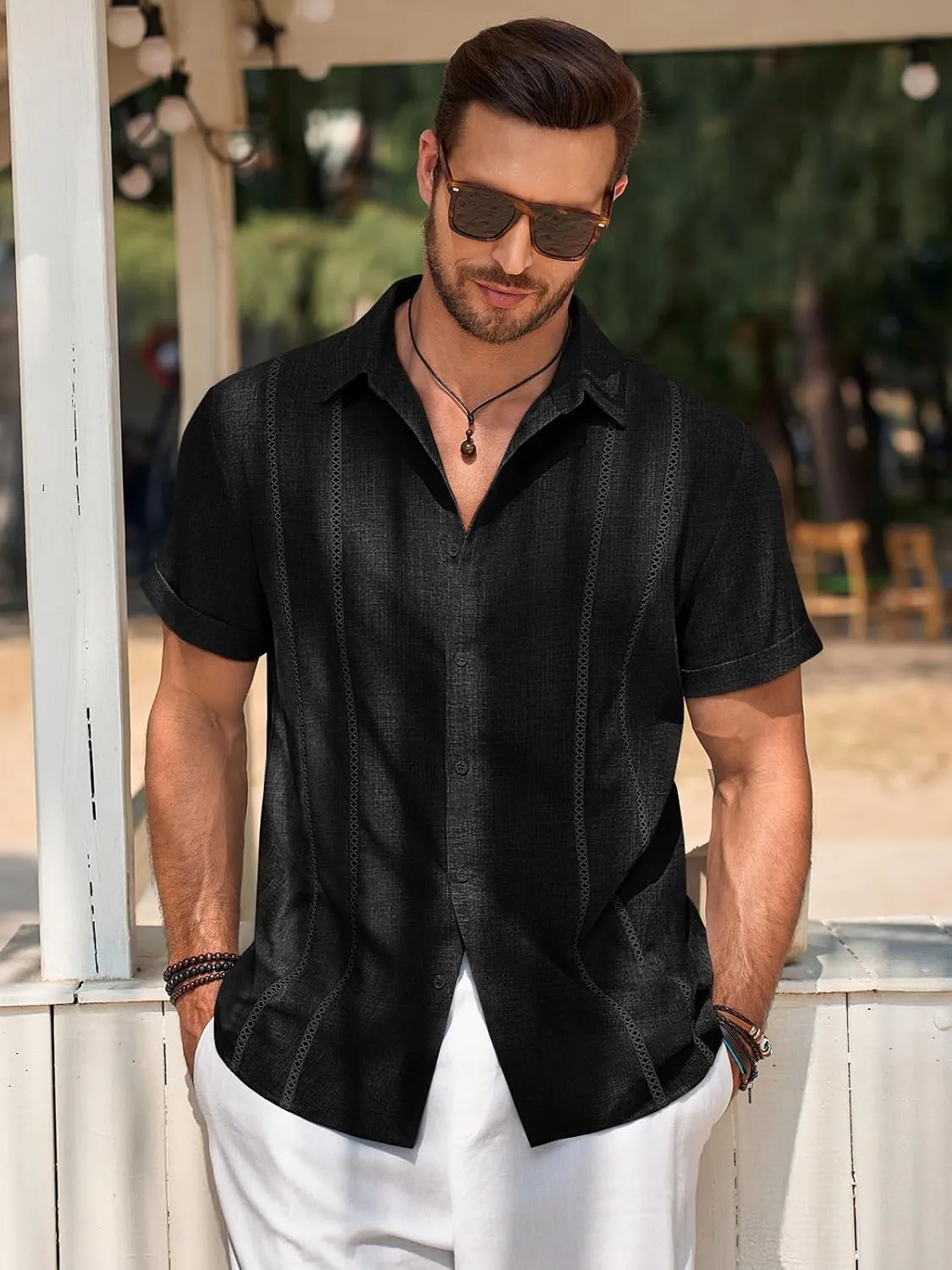 Runcati Mens Guayabera Shirts Short Sleeve Casual Cuban Linen Shirt Button Down Beach Summer Mexican Shirts