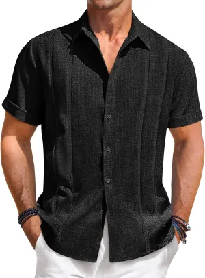 Runcati Mens Guayabera Shirts Short Sleeve Casual Cuban Linen Shirt Button Down Beach Summer Mexican Shirts