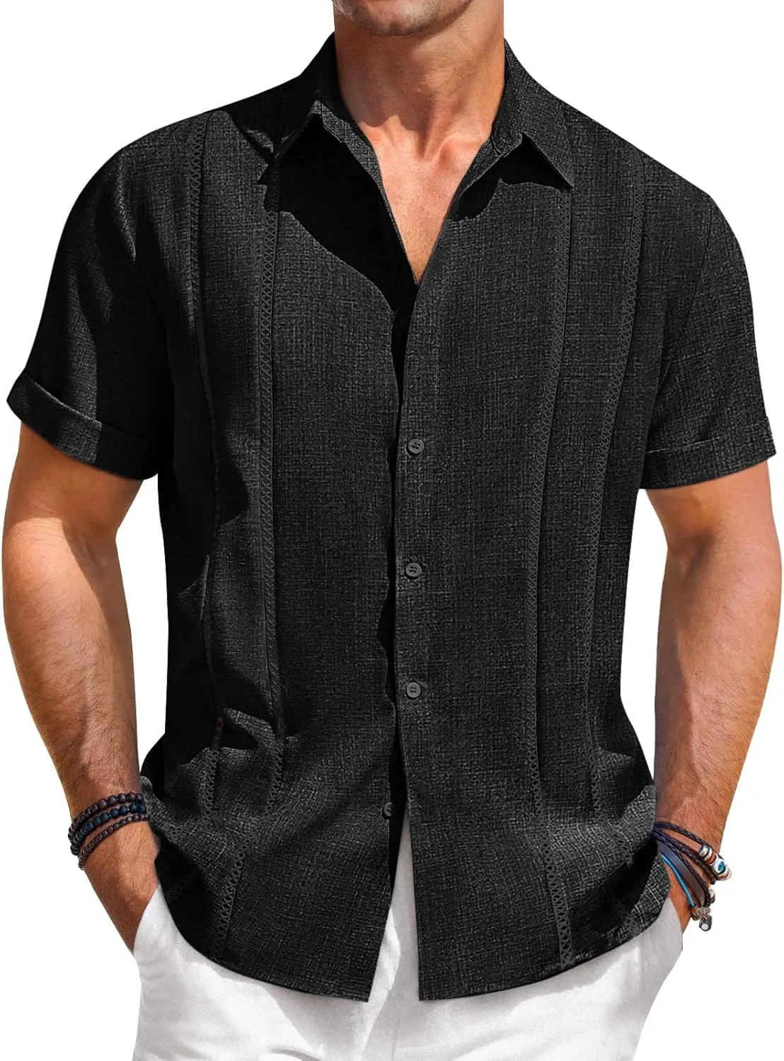 Runcati Mens Guayabera Shirts Short Sleeve Casual Cuban Linen Shirt Button Down Beach Summer Mexican Shirts