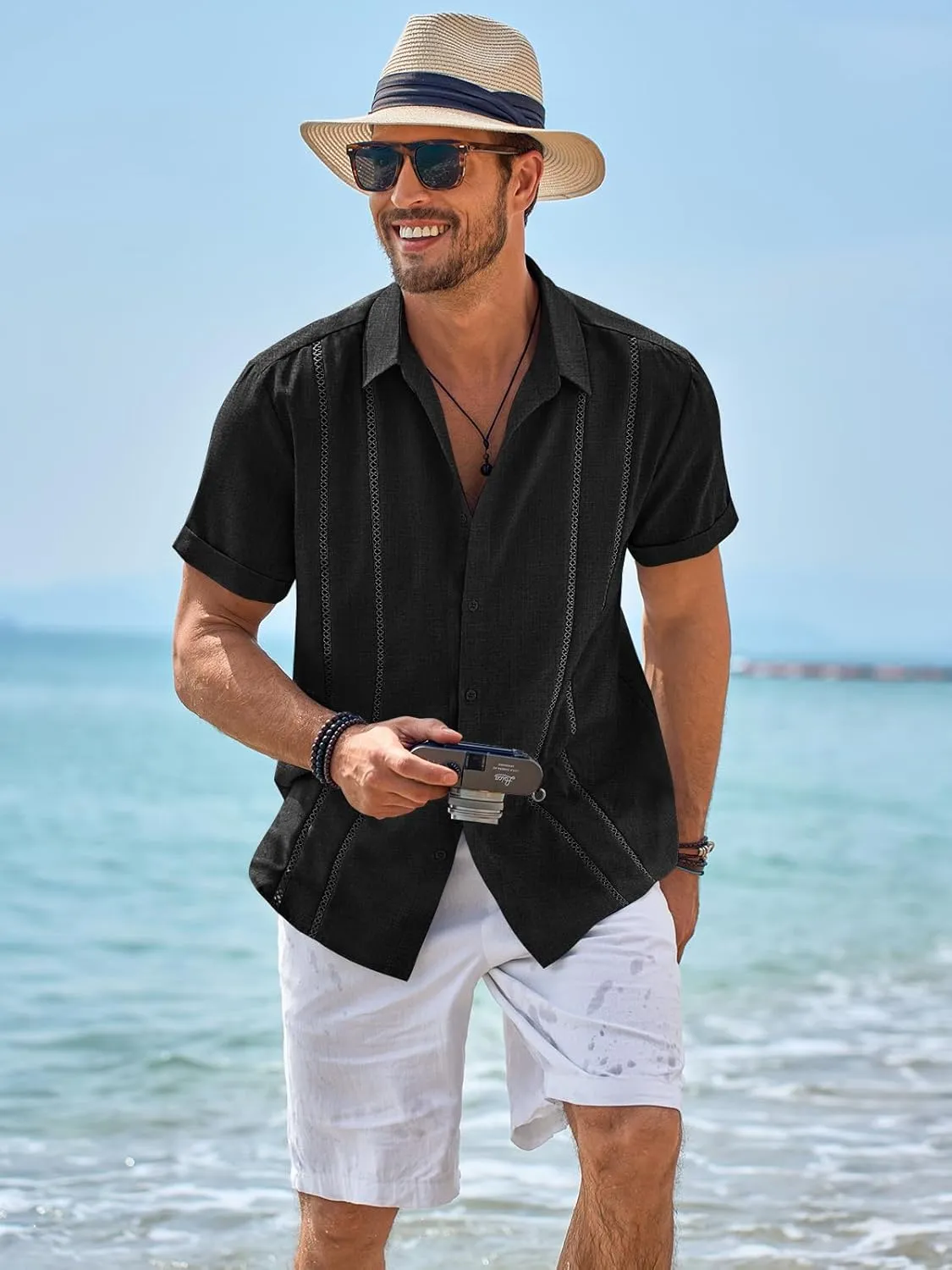 Runcati Mens Guayabera Shirts Short Sleeve Casual Cuban Linen Shirt Button Down Beach Summer Mexican Shirts