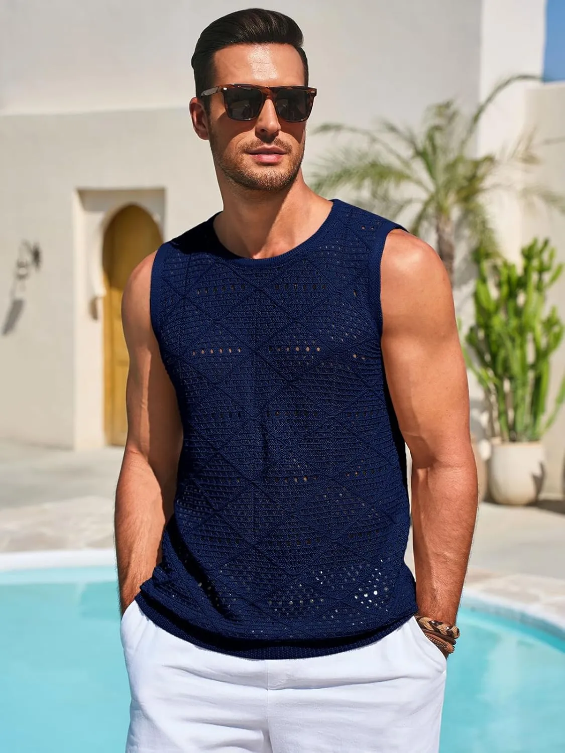 Runcati Mens Knitted Tank Tops Casual Sleeveless Hollow Out Crochet T-Shirts Muscle Summer Beach Hippie Shirts