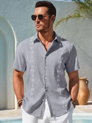 Runcati Mens Short Sleeve Guayabera Shirts Button Down Cuban Casual Mexican Shirts Summer Beach Wedding Linen Tops