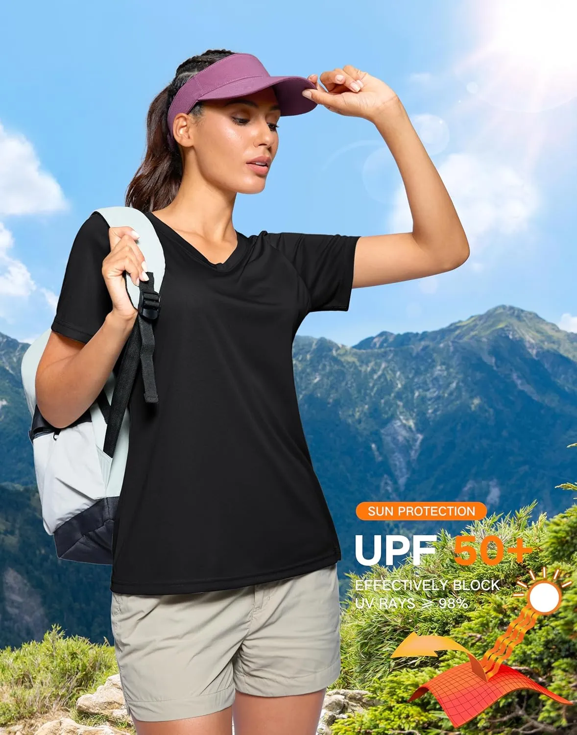 SANTINY Women's V Neck Short Sleeve Shirts Uv Protectioin Moisture Wicking Hiking Workout Athletic T Shirts for Women