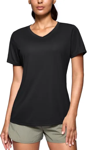 SANTINY Women's V Neck Short Sleeve Shirts Uv Protectioin Moisture Wicking Hiking Workout Athletic T Shirts for Women